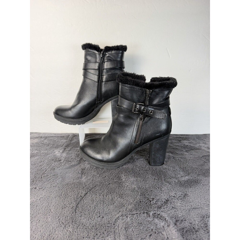GUESS Women’s Black Faux Leather Ankle Boots Size 7 Faux Fur Trim Block Heel